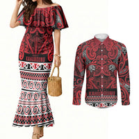 Aotearoa Iwi Ngati Kahungunu Couples Matching Mermaid Dress and Long Sleeve Button Shirt Maori Wharenui House Tribal Pattern LT9 Dark red - Polynesian Pride