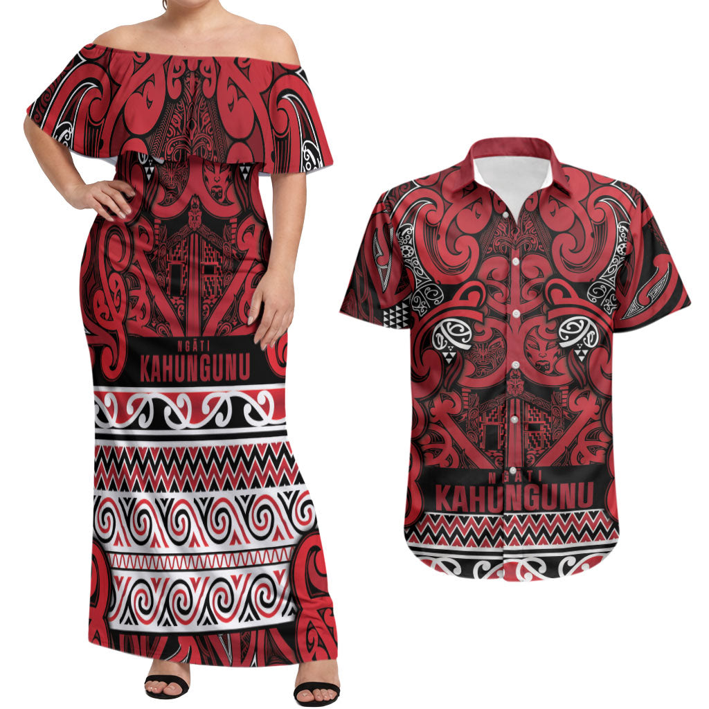 Aotearoa Iwi Ngati Kahungunu Couples Matching Off Shoulder Maxi Dress and Hawaiian Shirt Maori Wharenui House Tribal Pattern LT9 Dark red - Polynesian Pride