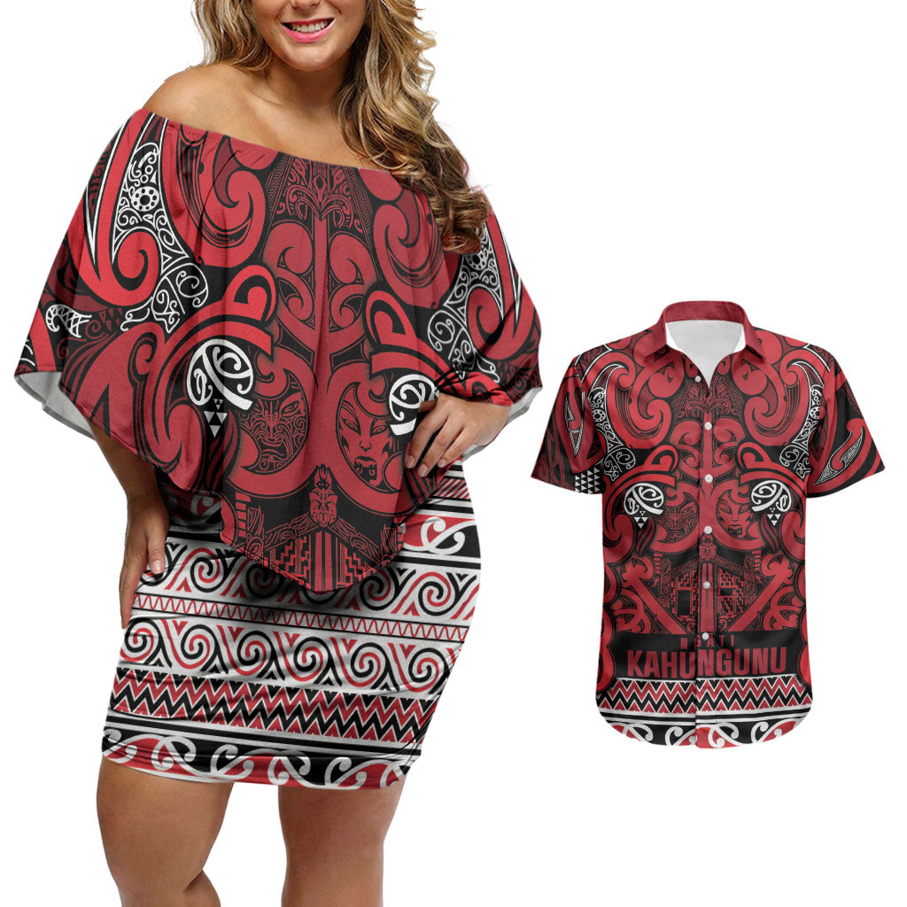 Aotearoa Iwi Ngati Kahungunu Couples Matching Off Shoulder Short Dress and Hawaiian Shirt Maori Wharenui House Tribal Pattern LT9 Dark red - Polynesian Pride