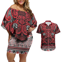 Aotearoa Iwi Ngati Kahungunu Couples Matching Off Shoulder Short Dress and Hawaiian Shirt Maori Wharenui House Tribal Pattern LT9 Dark red - Polynesian Pride
