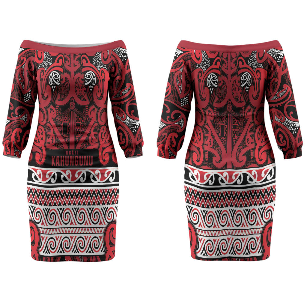 Aotearoa Iwi Ngati Kahungunu Couples Matching Off The Shoulder Long Sleeve Dress and Long Sleeve Button Shirt Maori Wharenui House Tribal Pattern LT9 - Polynesian Pride