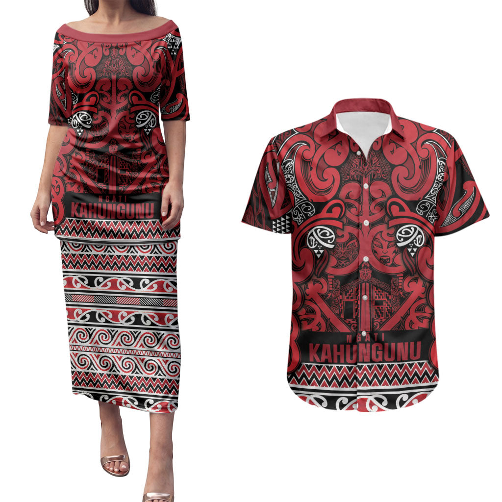 Aotearoa Iwi Ngati Kahungunu Couples Matching Puletasi and Hawaiian Shirt Maori Wharenui House Tribal Pattern LT9 Dark red - Polynesian Pride