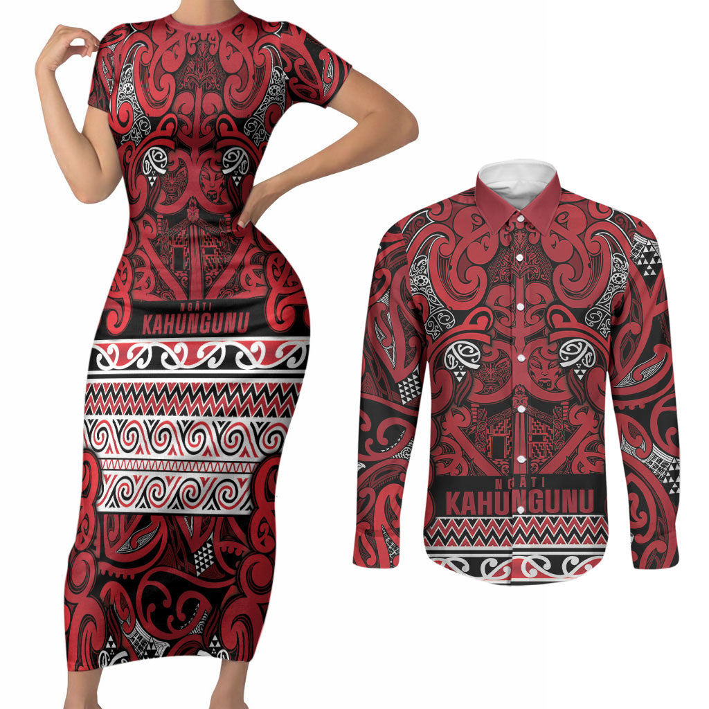 Aotearoa Iwi Ngati Kahungunu Couples Matching Short Sleeve Bodycon Dress and Long Sleeve Button Shirt Maori Wharenui House Tribal Pattern LT9 Dark red - Polynesian Pride