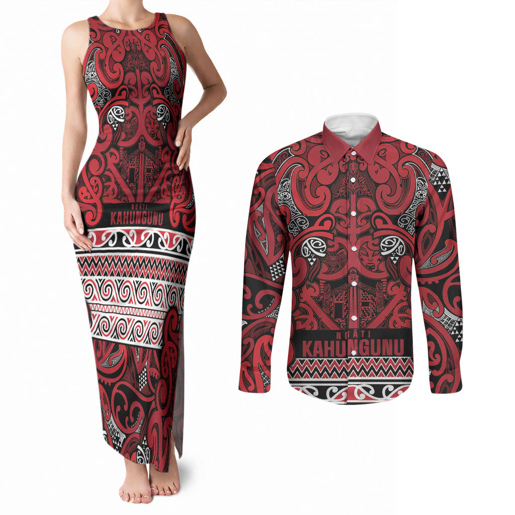 Aotearoa Iwi Ngati Kahungunu Couples Matching Tank Maxi Dress and Long Sleeve Button Shirt Maori Wharenui House Tribal Pattern LT9 Dark red - Polynesian Pride