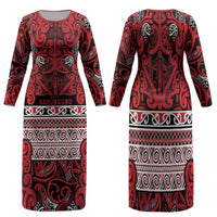 Aotearoa Iwi Ngati Kahungunu Family Matching Long Sleeve Bodycon Dress and Hawaiian Shirt Maori Wharenui House Tribal Pattern LT9 Mom's Dress Dark red - Polynesian Pride