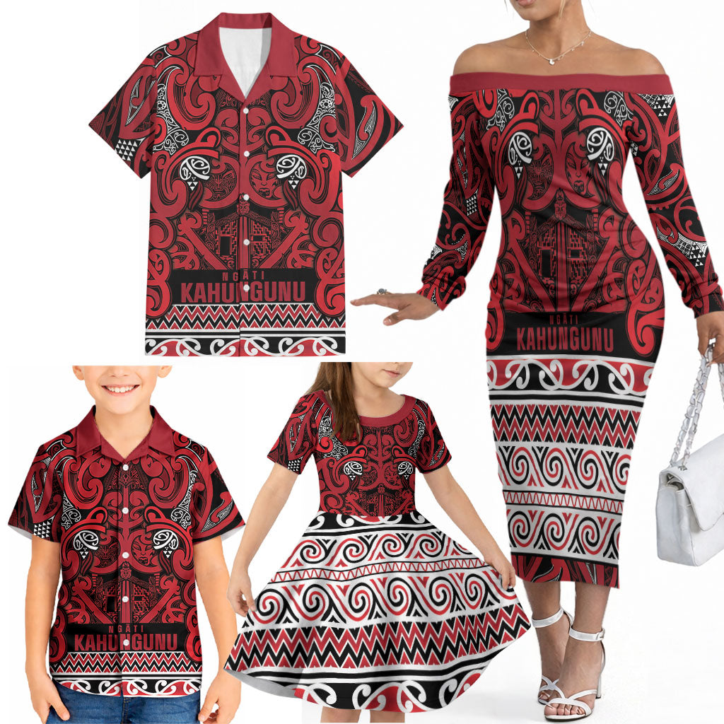 Aotearoa Iwi Ngati Kahungunu Family Matching Off The Shoulder Long Sleeve Dress and Hawaiian Shirt Maori Wharenui House Tribal Pattern LT9 - Polynesian Pride