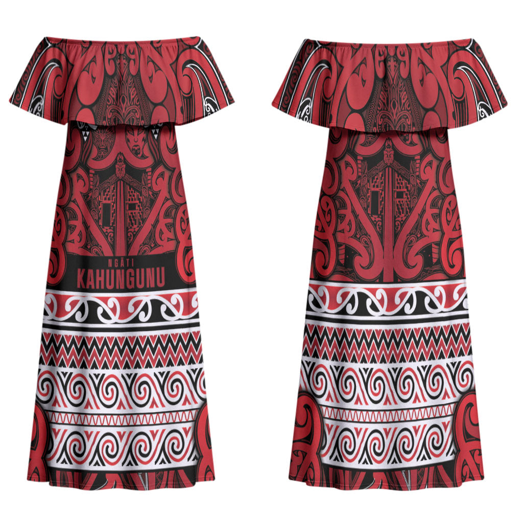 Aotearoa Iwi Ngati Kahungunu Family Matching Off Shoulder Maxi Dress and Hawaiian Shirt Maori Wharenui House Tribal Pattern LT9 Mom's Dress Dark red - Polynesian Pride
