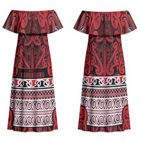 Aotearoa Iwi Ngati Kahungunu Family Matching Off Shoulder Maxi Dress and Hawaiian Shirt Maori Wharenui House Tribal Pattern LT9 Mom's Dress Dark red - Polynesian Pride
