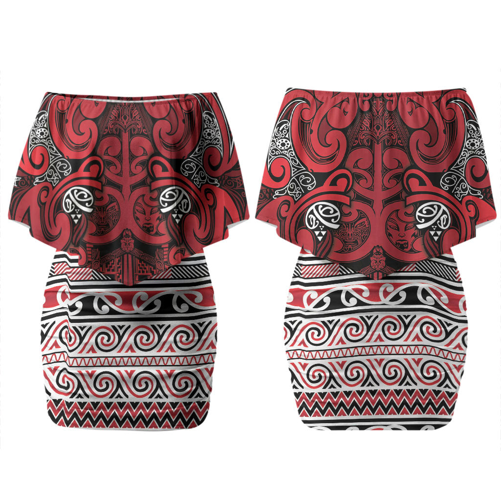 Aotearoa Iwi Ngati Kahungunu Family Matching Off Shoulder Short Dress and Hawaiian Shirt Maori Wharenui House Tribal Pattern LT9 Mom's Dress Dark red - Polynesian Pride