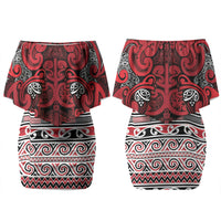 Aotearoa Iwi Ngati Kahungunu Family Matching Off Shoulder Short Dress and Hawaiian Shirt Maori Wharenui House Tribal Pattern LT9 Mom's Dress Dark red - Polynesian Pride