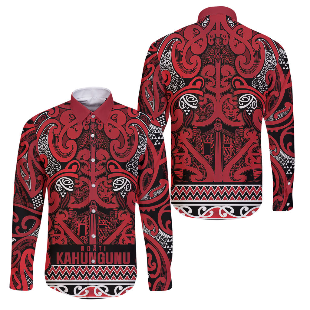 Aotearoa Iwi Ngati Kahungunu Family Matching Summer Maxi Dress and Hawaiian Shirt Maori Wharenui House Tribal Pattern LT9 Dad's Shirt - Long Sleeve Dark red - Polynesian Pride