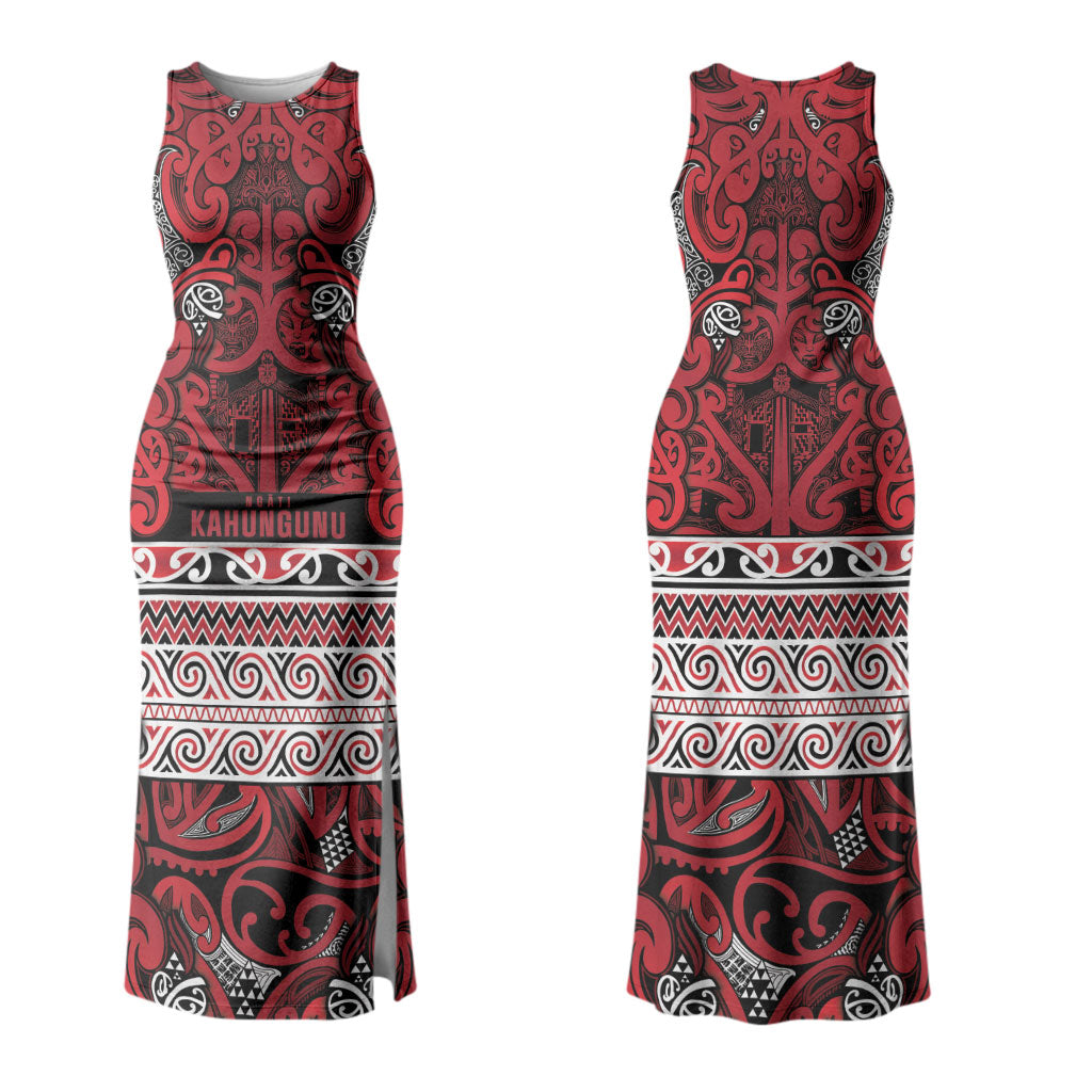 Aotearoa Iwi Ngati Kahungunu Family Matching Tank Maxi Dress and Hawaiian Shirt Maori Wharenui House Tribal Pattern LT9 Mom's Dress Dark red - Polynesian Pride