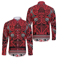 Aotearoa Iwi Ngati Kahungunu Family Matching Tank Maxi Dress and Hawaiian Shirt Maori Wharenui House Tribal Pattern LT9 Dad's Shirt - Long Sleeve Dark red - Polynesian Pride