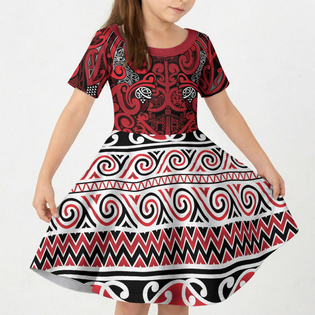 Aotearoa Iwi Ngati Kahungunu Kid Short Sleeve Dress Maori Wharenui House Tribal Pattern LT9 KID Dark red - Polynesian Pride