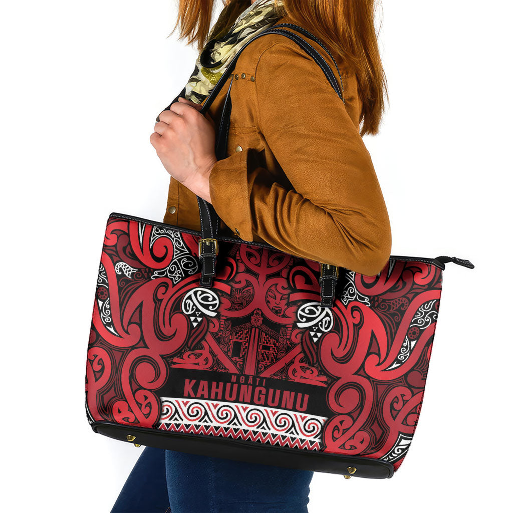 Aotearoa Iwi Ngati Kahungunu Leather Tote Bag Maori Wharenui House Tribal Pattern LT9 Dark red - Polynesian Pride