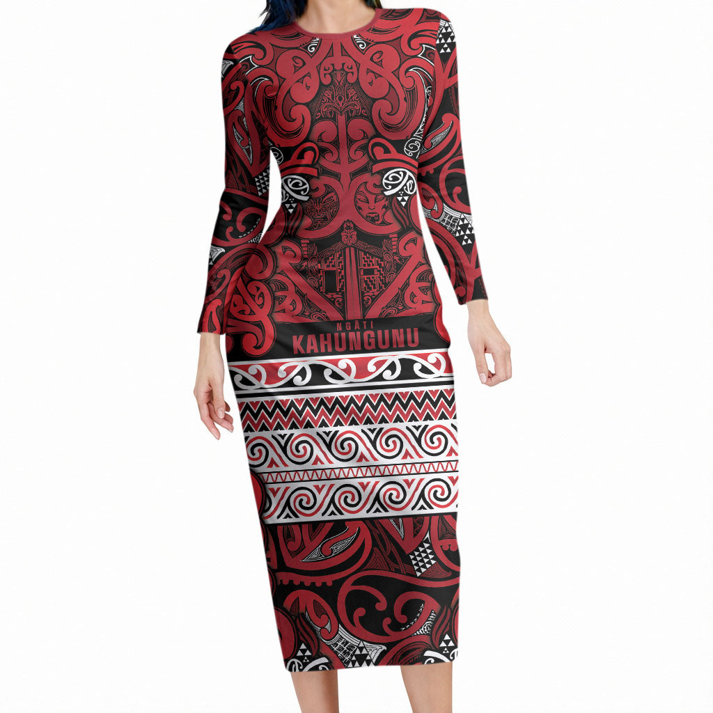 Aotearoa Iwi Ngati Kahungunu Long Sleeve Bodycon Dress Maori Wharenui House Tribal Pattern LT9 Long Dress Dark red - Polynesian Pride