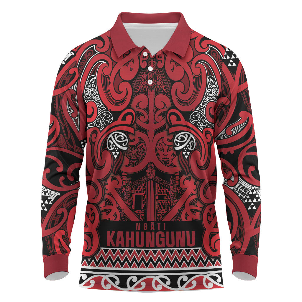Aotearoa Iwi Ngati Kahungunu Long Sleeve Polo Shirt Maori Wharenui House Tribal Pattern LT9 Dark red - Polynesian Pride