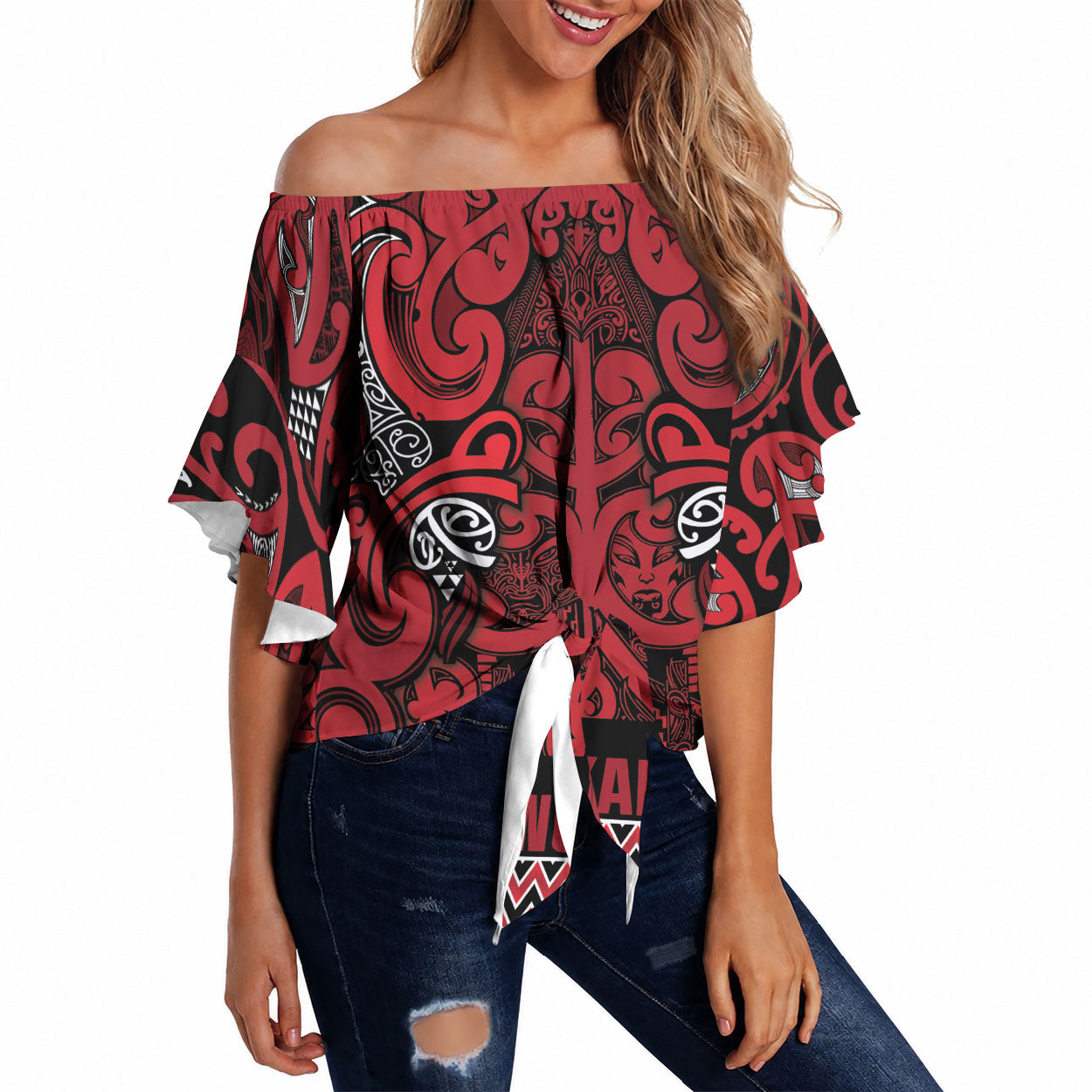 Aotearoa Iwi Ngati Kahungunu Off Shoulder Wrap Waist Top Maori Wharenui House Tribal Pattern LT9 Dark red - Polynesian Pride