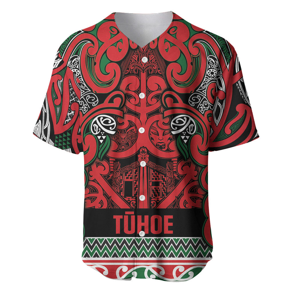 Aotearoa Iwi Tuhoe Baseball Jersey Maori Wharenui House Tribal Pattern LT9 Green Red - Polynesian Pride