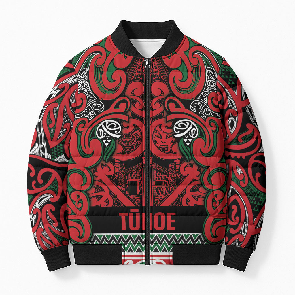 Aotearoa Iwi Tuhoe Bomber Puffer Jacket Maori Wharenui House Tribal Pattern LT9 Unisex Green Red - Polynesian Pride