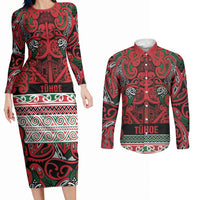Aotearoa Iwi Tuhoe Couples Matching Long Sleeve Bodycon Dress and Long Sleeve Button Shirt Maori Wharenui House Tribal Pattern LT9 Green Red - Polynesian Pride