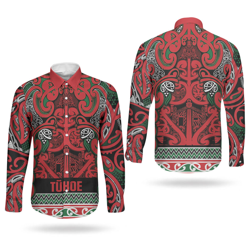 Aotearoa Iwi Tuhoe Couples Matching Long Sleeve Bodycon Dress and Long Sleeve Button Shirt Maori Wharenui House Tribal Pattern LT9 - Polynesian Pride