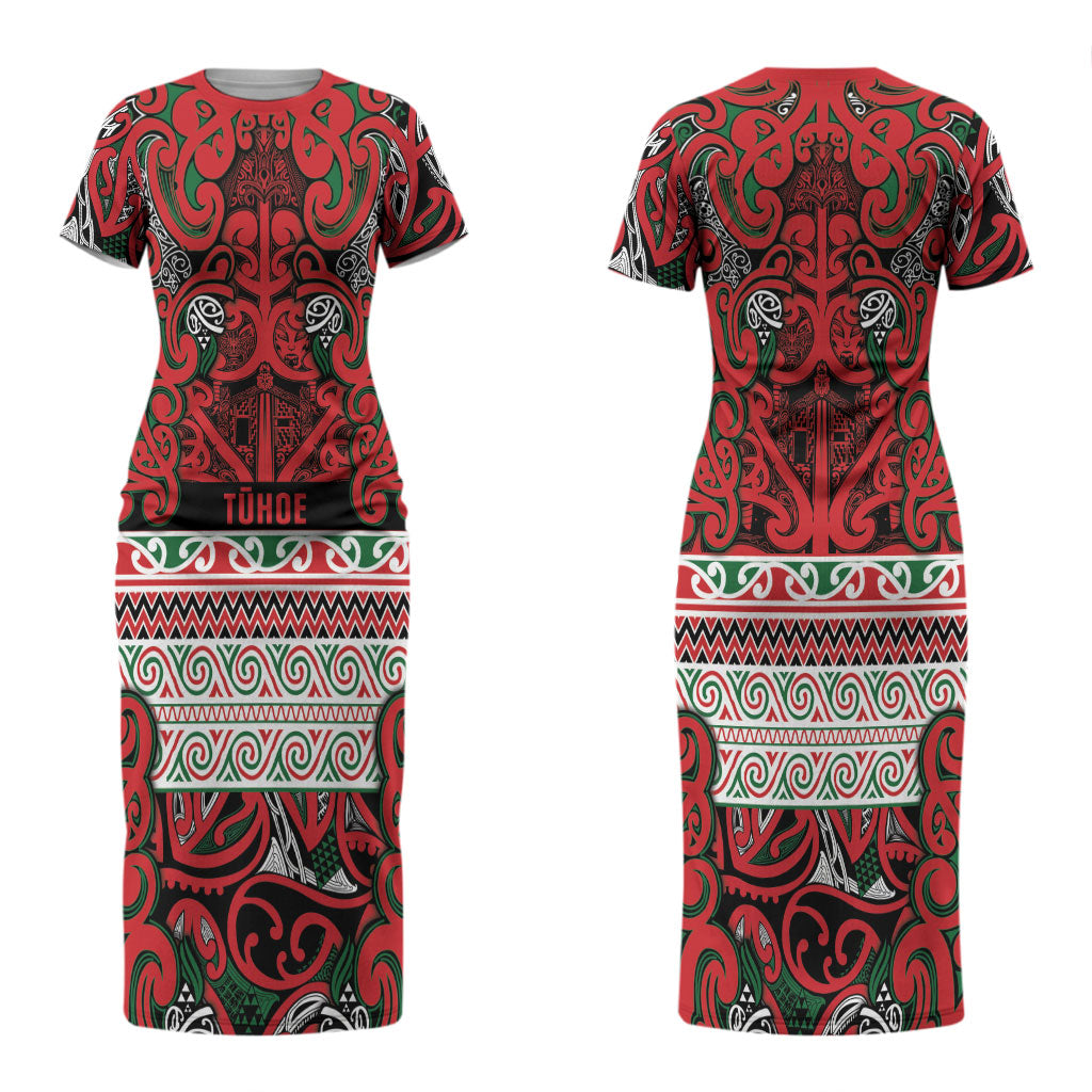 Aotearoa Iwi Tuhoe Couples Matching Short Sleeve Bodycon Dress and Long Sleeve Button Shirt Maori Wharenui House Tribal Pattern LT9 - Polynesian Pride