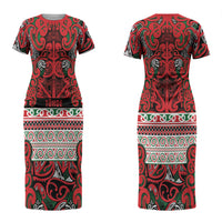 Aotearoa Iwi Tuhoe Couples Matching Short Sleeve Bodycon Dress and Long Sleeve Button Shirt Maori Wharenui House Tribal Pattern LT9 - Polynesian Pride