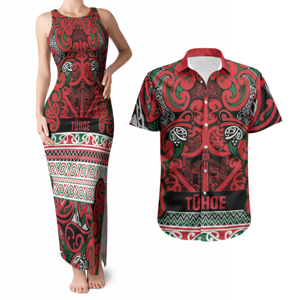 Aotearoa Iwi Tuhoe Couples Matching Tank Maxi Dress and Hawaiian Shirt Maori Wharenui House Tribal Pattern LT9 Green Red - Polynesian Pride