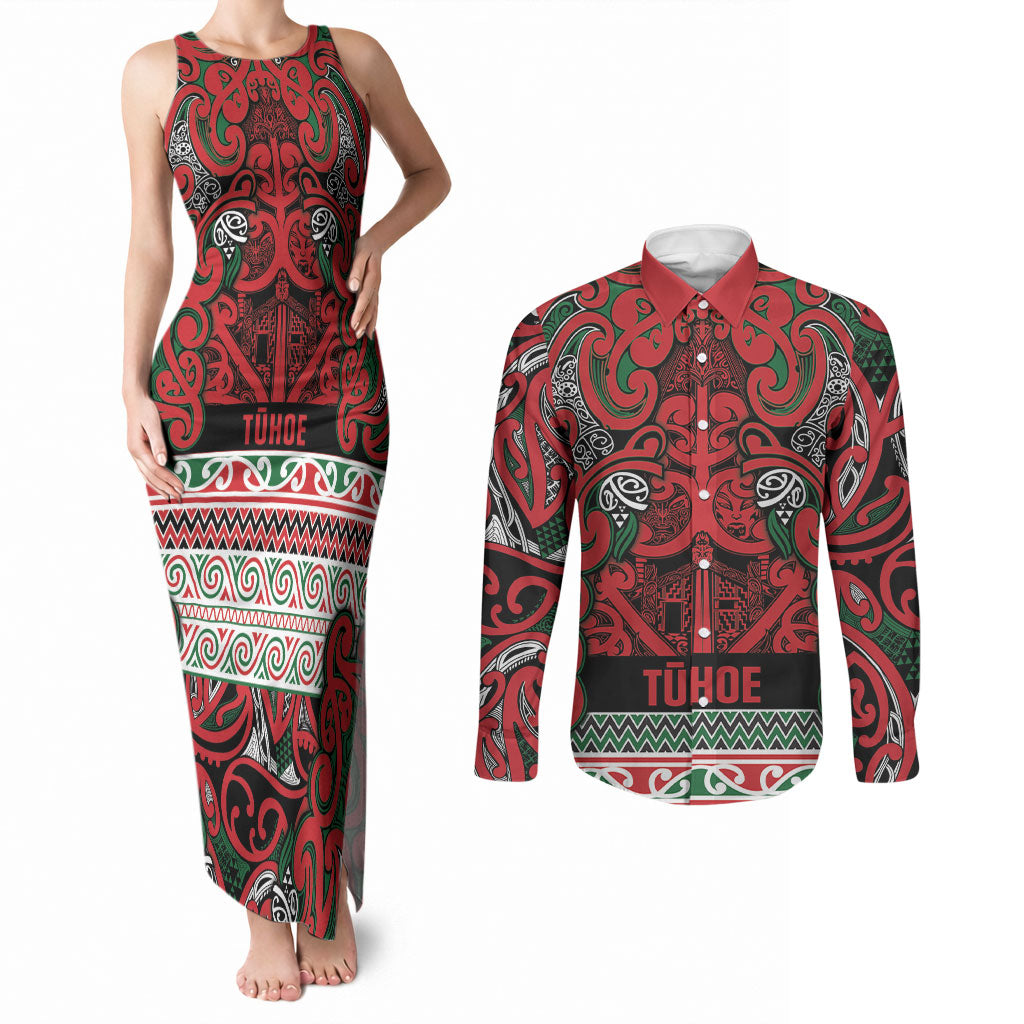 Aotearoa Iwi Tuhoe Couples Matching Tank Maxi Dress and Long Sleeve Button Shirt Maori Wharenui House Tribal Pattern LT9 Green Red - Polynesian Pride