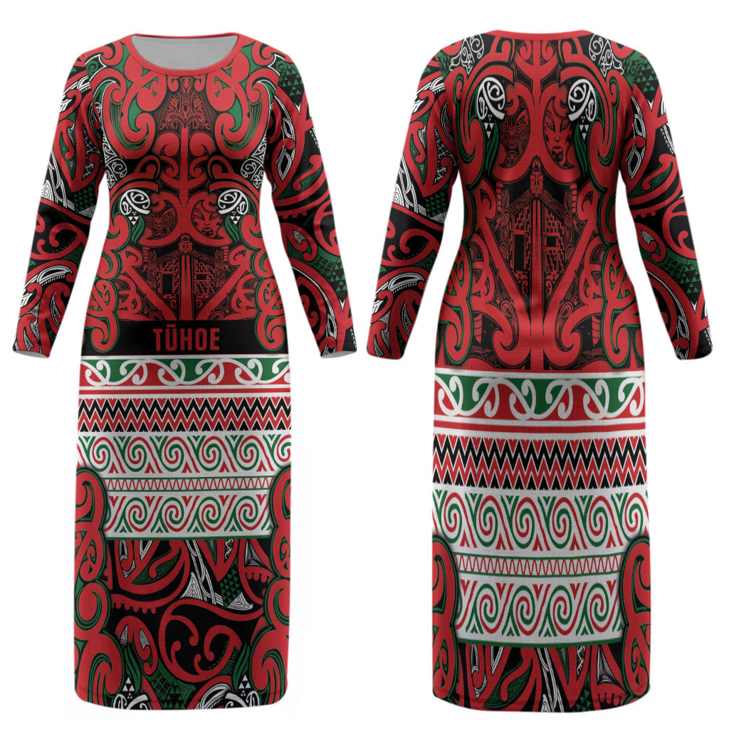 Aotearoa Iwi Tuhoe Family Matching Long Sleeve Bodycon Dress and Hawaiian Shirt Maori Wharenui House Tribal Pattern LT9 Mom's Dress Green Red - Polynesian Pride