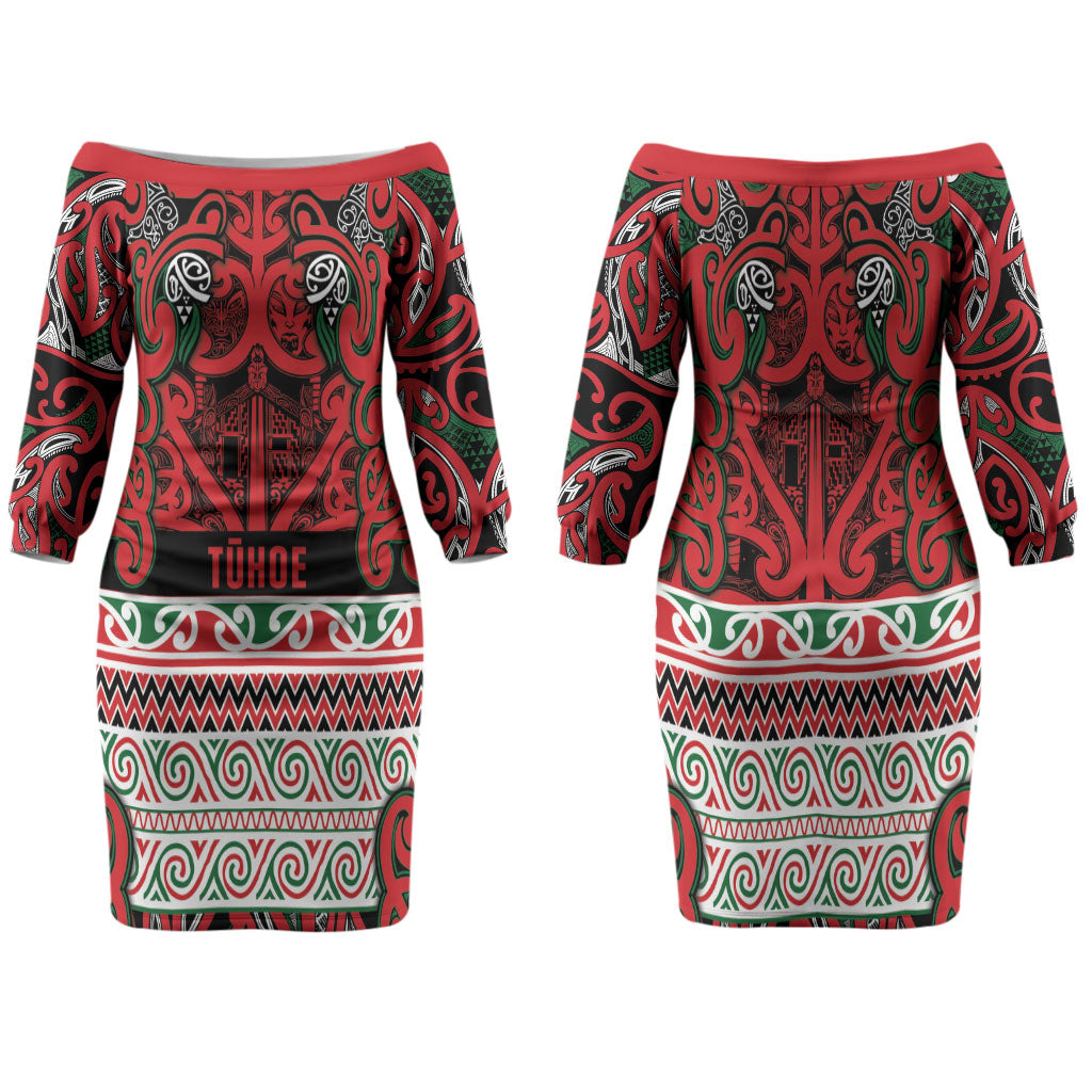 Aotearoa Iwi Tuhoe Family Matching Off The Shoulder Long Sleeve Dress and Hawaiian Shirt Maori Wharenui House Tribal Pattern LT9 Mom's Dress Green Red - Polynesian Pride