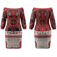 Aotearoa Iwi Tuhoe Family Matching Off The Shoulder Long Sleeve Dress and Hawaiian Shirt Maori Wharenui House Tribal Pattern LT9 Mom's Dress Green Red - Polynesian Pride