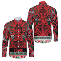 Aotearoa Iwi Tuhoe Family Matching Off The Shoulder Long Sleeve Dress and Hawaiian Shirt Maori Wharenui House Tribal Pattern LT9 Dad's Shirt - Long Sleeve Green Red - Polynesian Pride