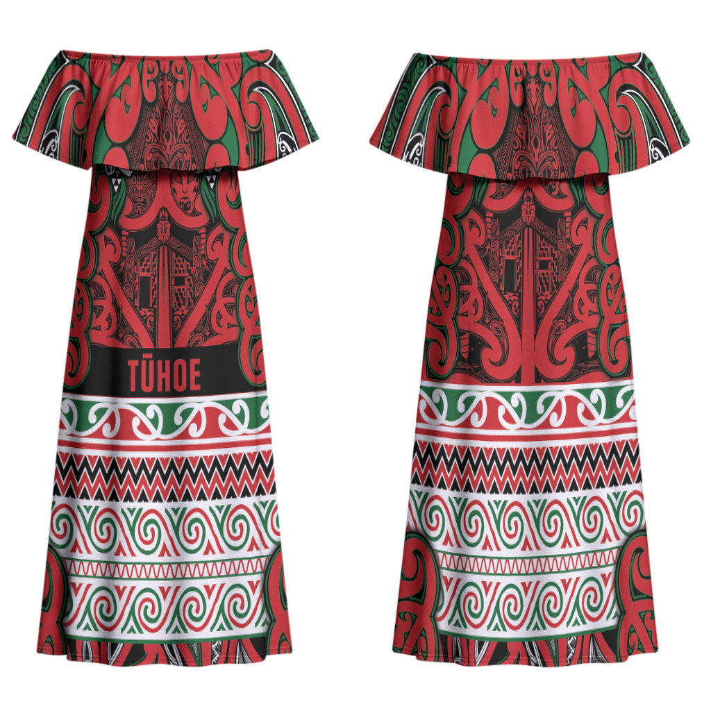 Aotearoa Iwi Tuhoe Family Matching Off Shoulder Maxi Dress and Hawaiian Shirt Maori Wharenui House Tribal Pattern LT9 Mom's Dress Green Red - Polynesian Pride
