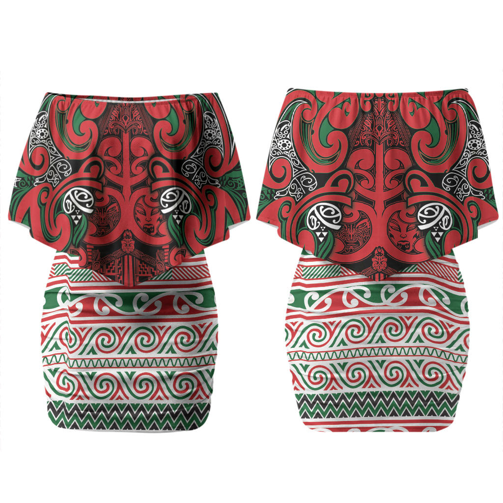 Aotearoa Iwi Tuhoe Family Matching Off Shoulder Short Dress and Hawaiian Shirt Maori Wharenui House Tribal Pattern LT9 Mom's Dress Green Red - Polynesian Pride