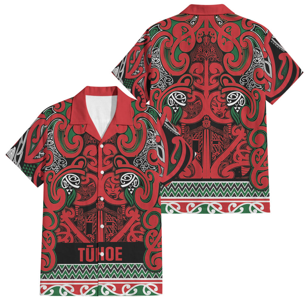 Aotearoa Iwi Tuhoe Family Matching Off Shoulder Short Dress and Hawaiian Shirt Maori Wharenui House Tribal Pattern LT9 Dad's Shirt - Short Sleeve Green Red - Polynesian Pride