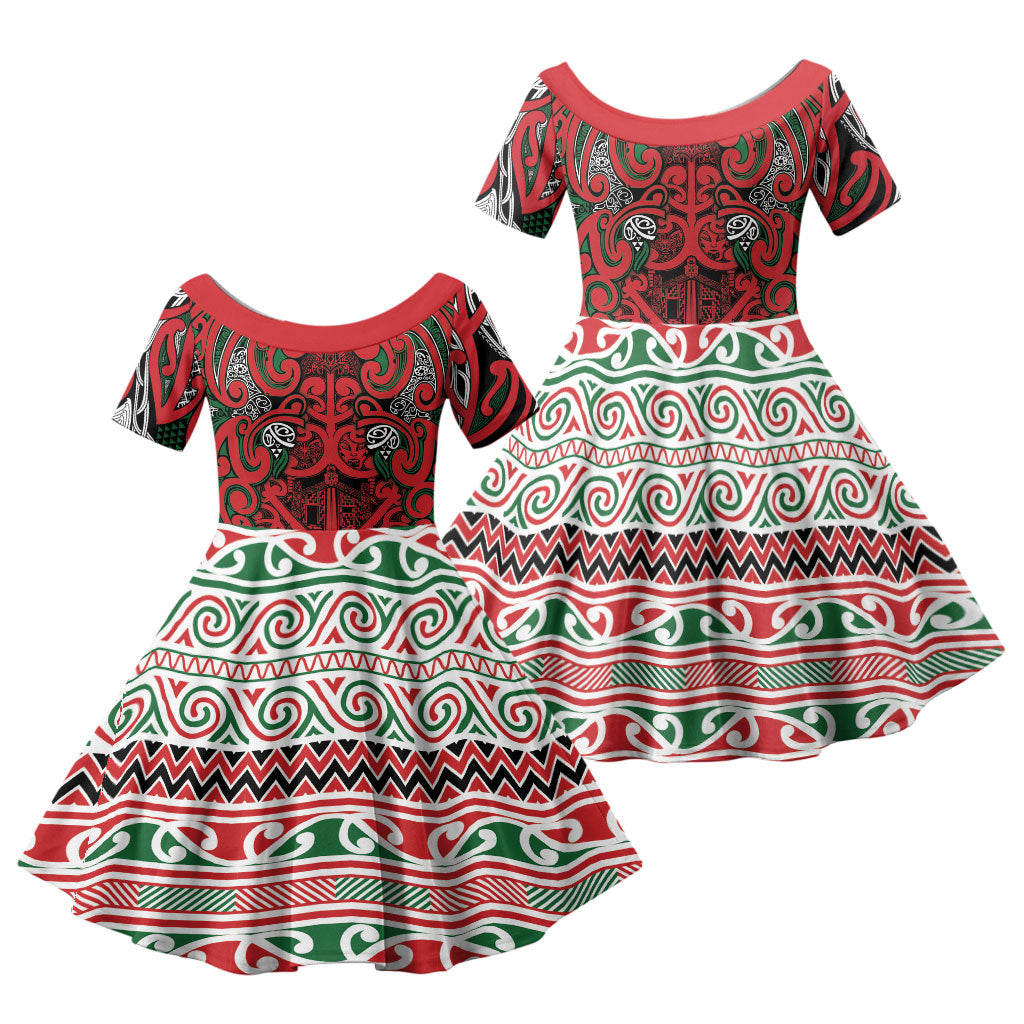 Aotearoa Iwi Tuhoe Family Matching Off Shoulder Short Dress and Hawaiian Shirt Maori Wharenui House Tribal Pattern LT9 Daughter's Dress Green Red - Polynesian Pride