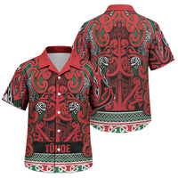 Aotearoa Iwi Tuhoe Family Matching Off Shoulder Short Dress and Hawaiian Shirt Maori Wharenui House Tribal Pattern LT9 Son's Shirt Green Red - Polynesian Pride