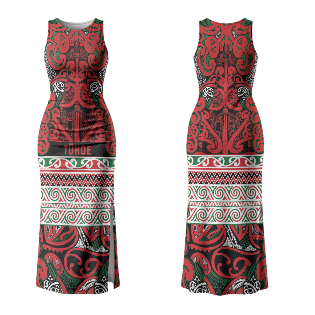 Aotearoa Iwi Tuhoe Family Matching Tank Maxi Dress and Hawaiian Shirt Maori Wharenui House Tribal Pattern LT9 Mom's Dress Green Red - Polynesian Pride