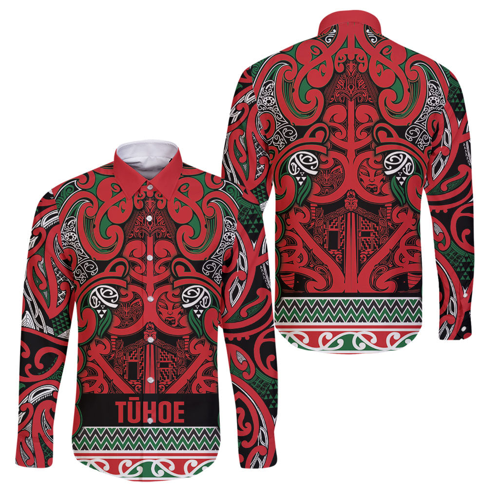 Aotearoa Iwi Tuhoe Family Matching Tank Maxi Dress and Hawaiian Shirt Maori Wharenui House Tribal Pattern LT9 Dad's Shirt - Long Sleeve Green Red - Polynesian Pride