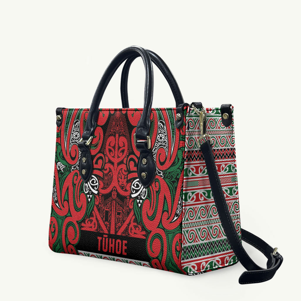 Aotearoa Iwi Tuhoe Leather Bag Maori Wharenui House Tribal Pattern LT9 Green Red - Polynesian Pride