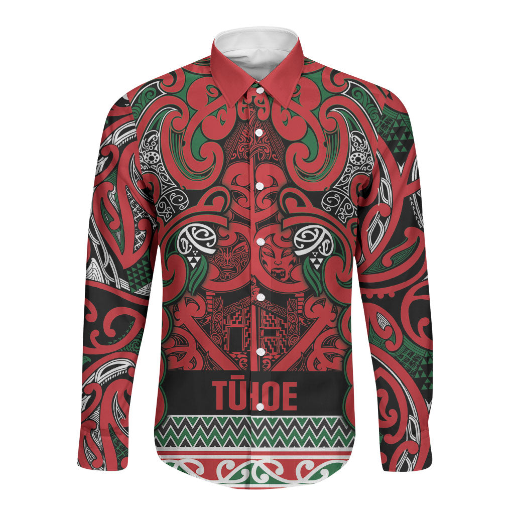 Aotearoa Iwi Tuhoe Long Sleeve Button Shirt Maori Wharenui House Tribal Pattern LT9 Unisex Green Red - Polynesian Pride