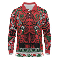 Aotearoa Iwi Tuhoe Long Sleeve Polo Shirt Maori Wharenui House Tribal Pattern LT9 Green Red - Polynesian Pride