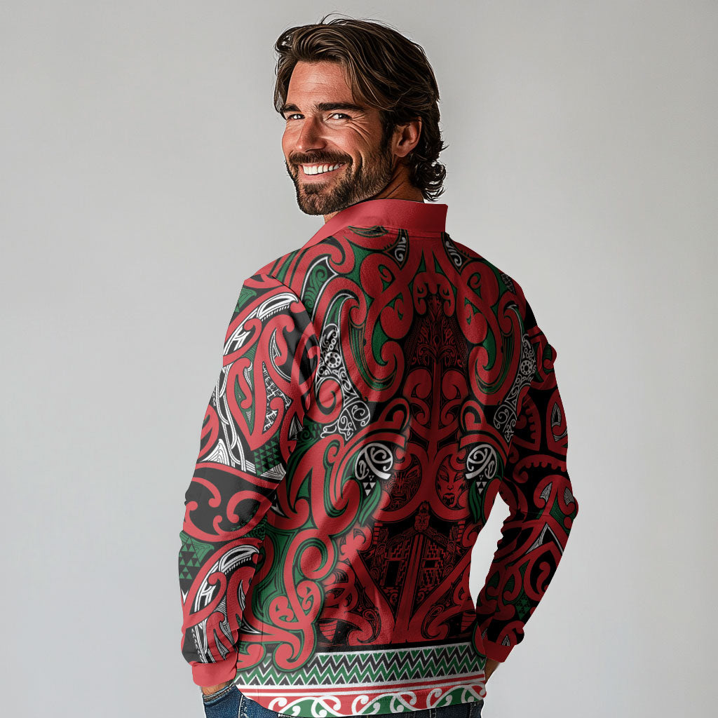 Aotearoa Iwi Tuhoe Long Sleeve Polo Shirt Maori Wharenui House Tribal Pattern LT9 - Polynesian Pride