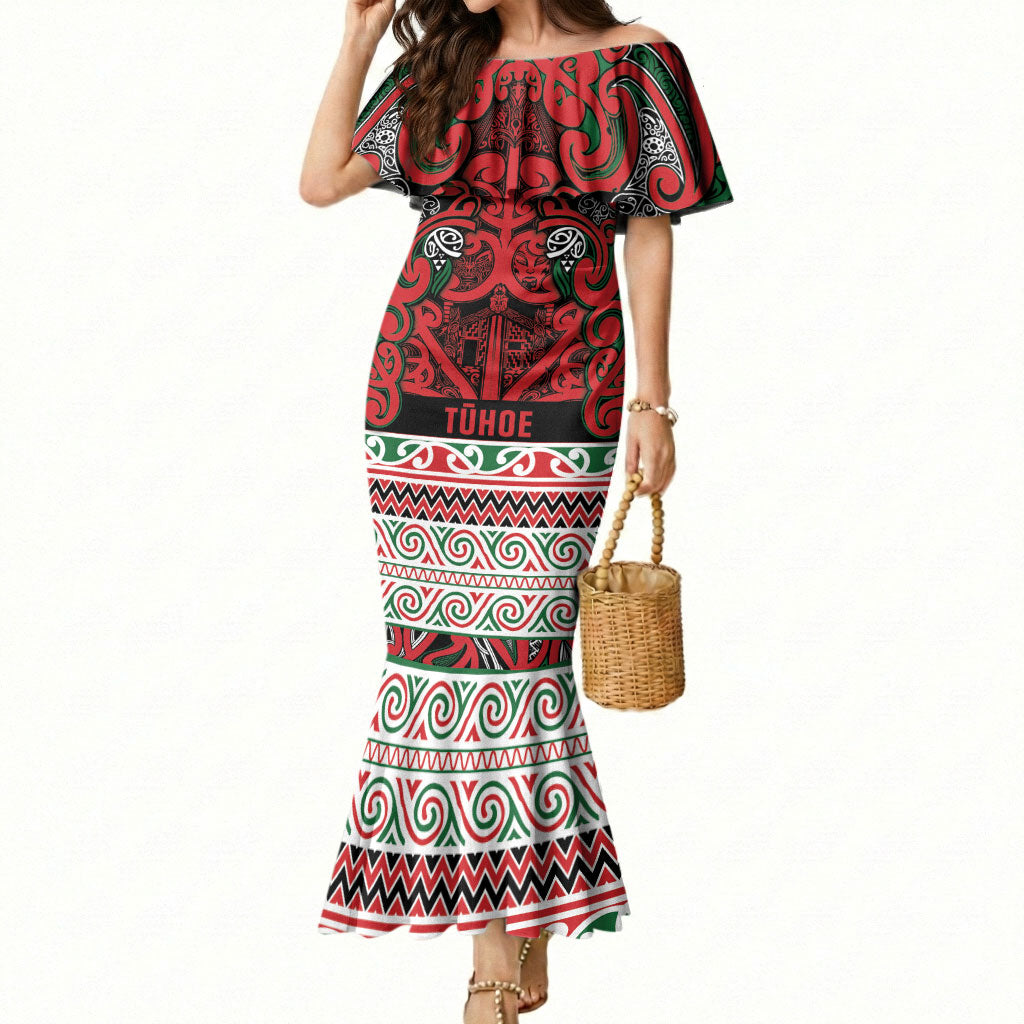 Aotearoa Iwi Tuhoe Mermaid Dress Maori Wharenui House Tribal Pattern LT9 Women Green Red - Polynesian Pride