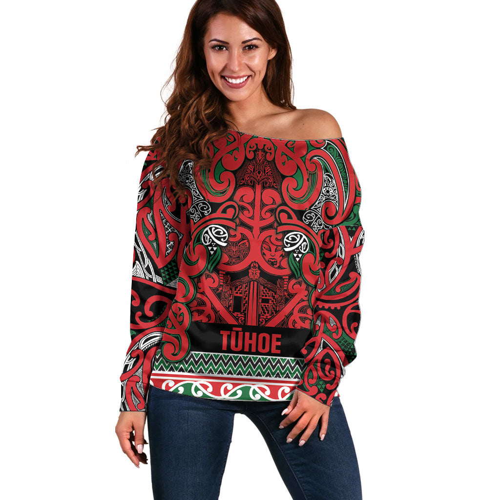 Aotearoa Iwi Tuhoe Off Shoulder Sweater Maori Wharenui House Tribal Pattern LT9 Women Green Red - Polynesian Pride