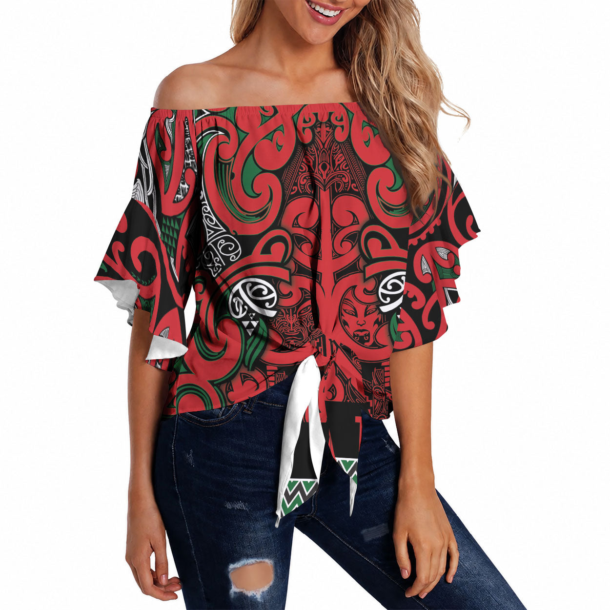 Aotearoa Iwi Tuhoe Off Shoulder Wrap Waist Top Maori Wharenui House Tribal Pattern LT9 Green Red - Polynesian Pride