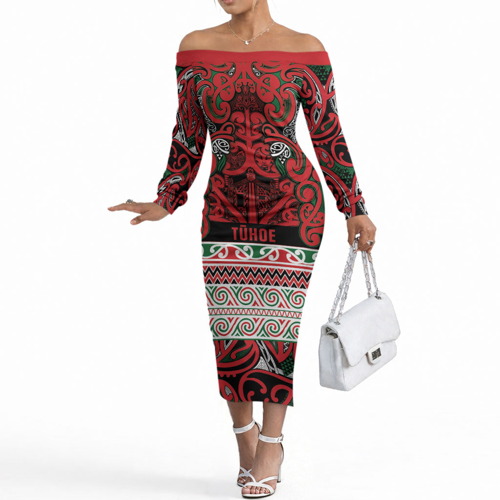 Aotearoa Iwi Tuhoe Off The Shoulder Long Sleeve Dress Maori Wharenui House Tribal Pattern LT9 Women Green Red - Polynesian Pride