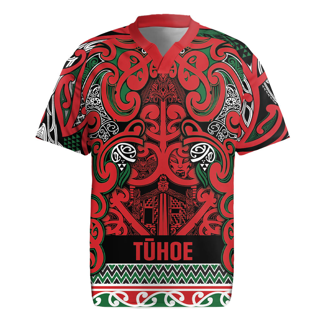 Aotearoa Iwi Tuhoe Rugby Jersey Maori Wharenui House Tribal Pattern LT9 Green Red - Polynesian Pride